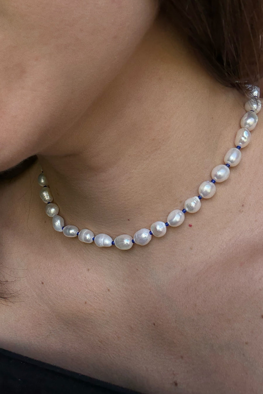 Color Cord Pearl Choker Necklace - Blue