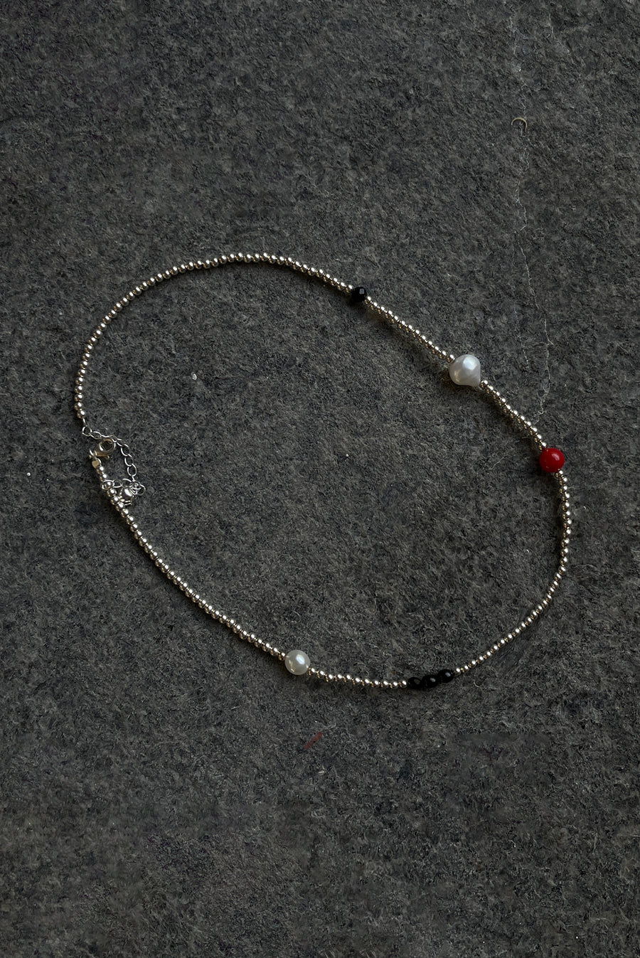 Silver Mini Bead Necklace with Pearl & Red/Black Bead