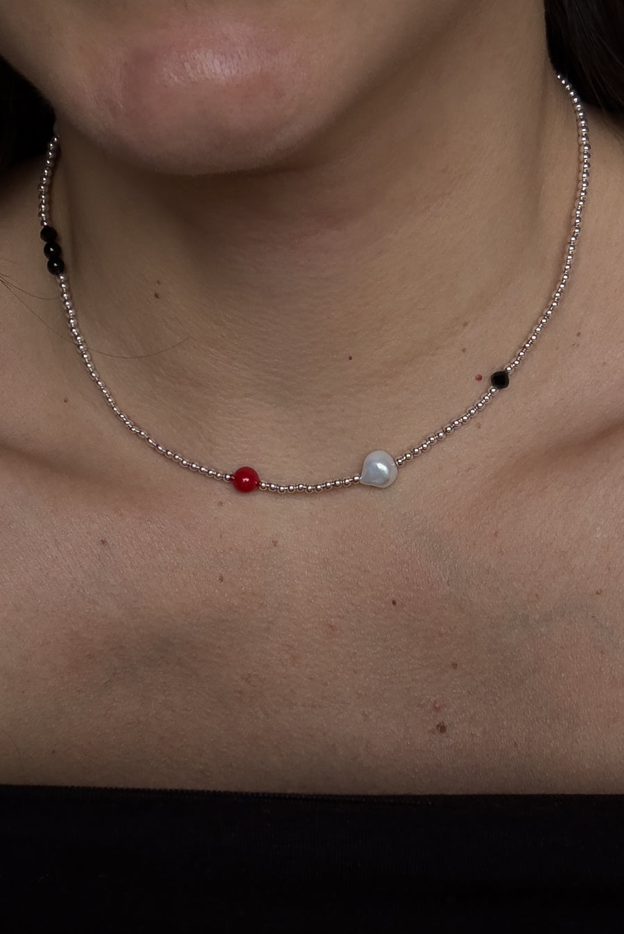 Silver Mini Bead Necklace with Pearl & Red/Black Bead