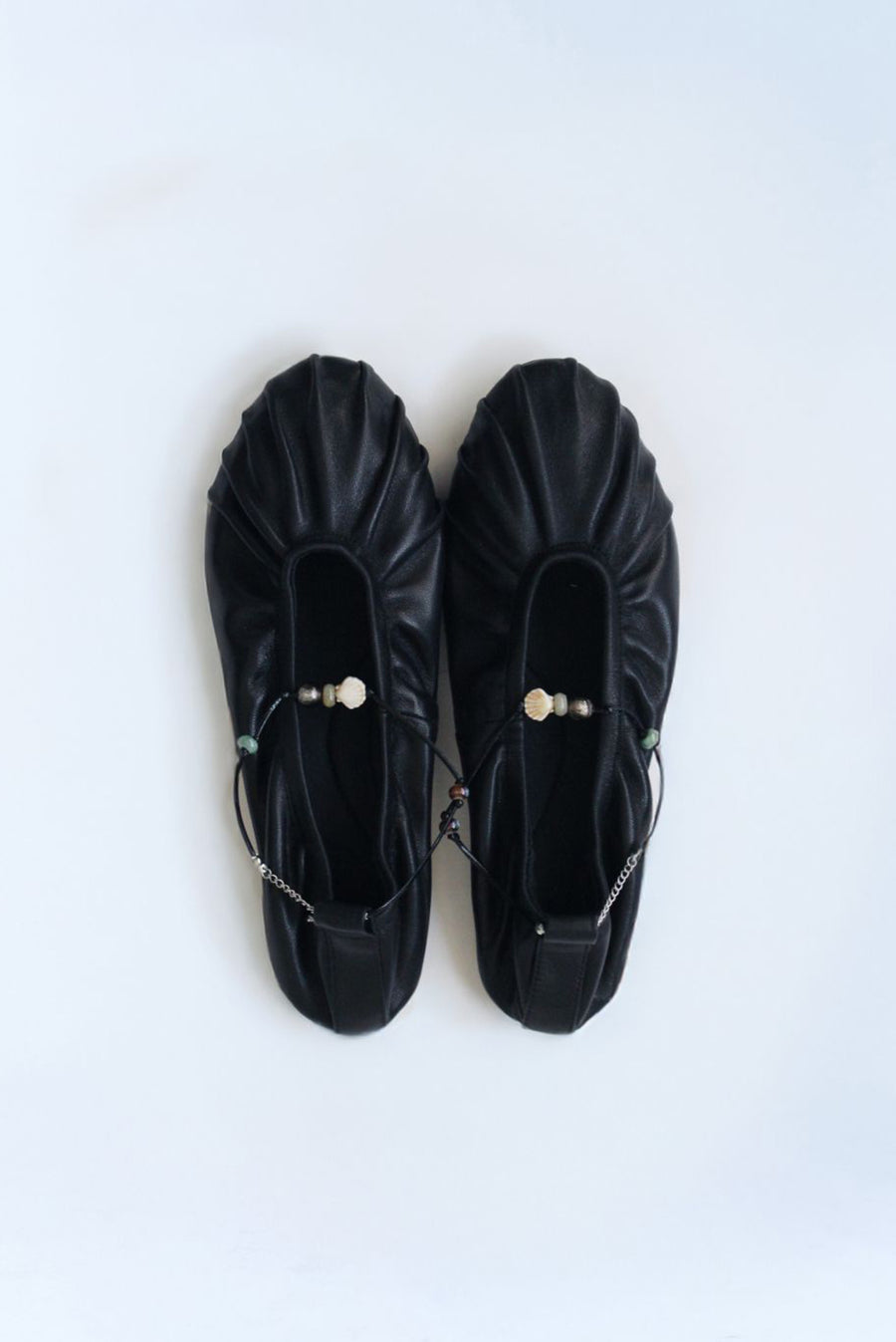 Gathered Leather Flats with Beaded Anklet - Black