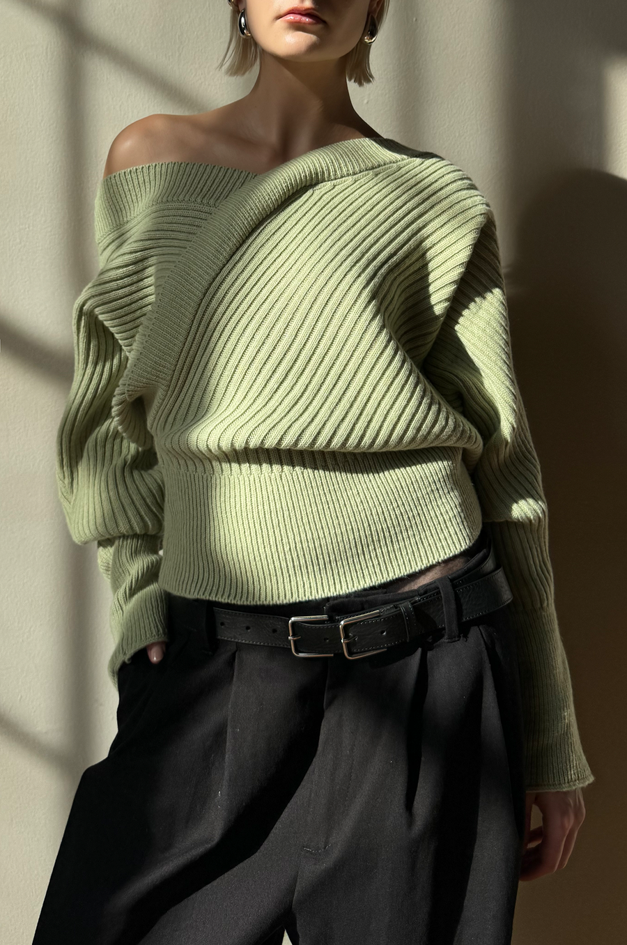 Rib Knit Criss Cross Sweater - Mint