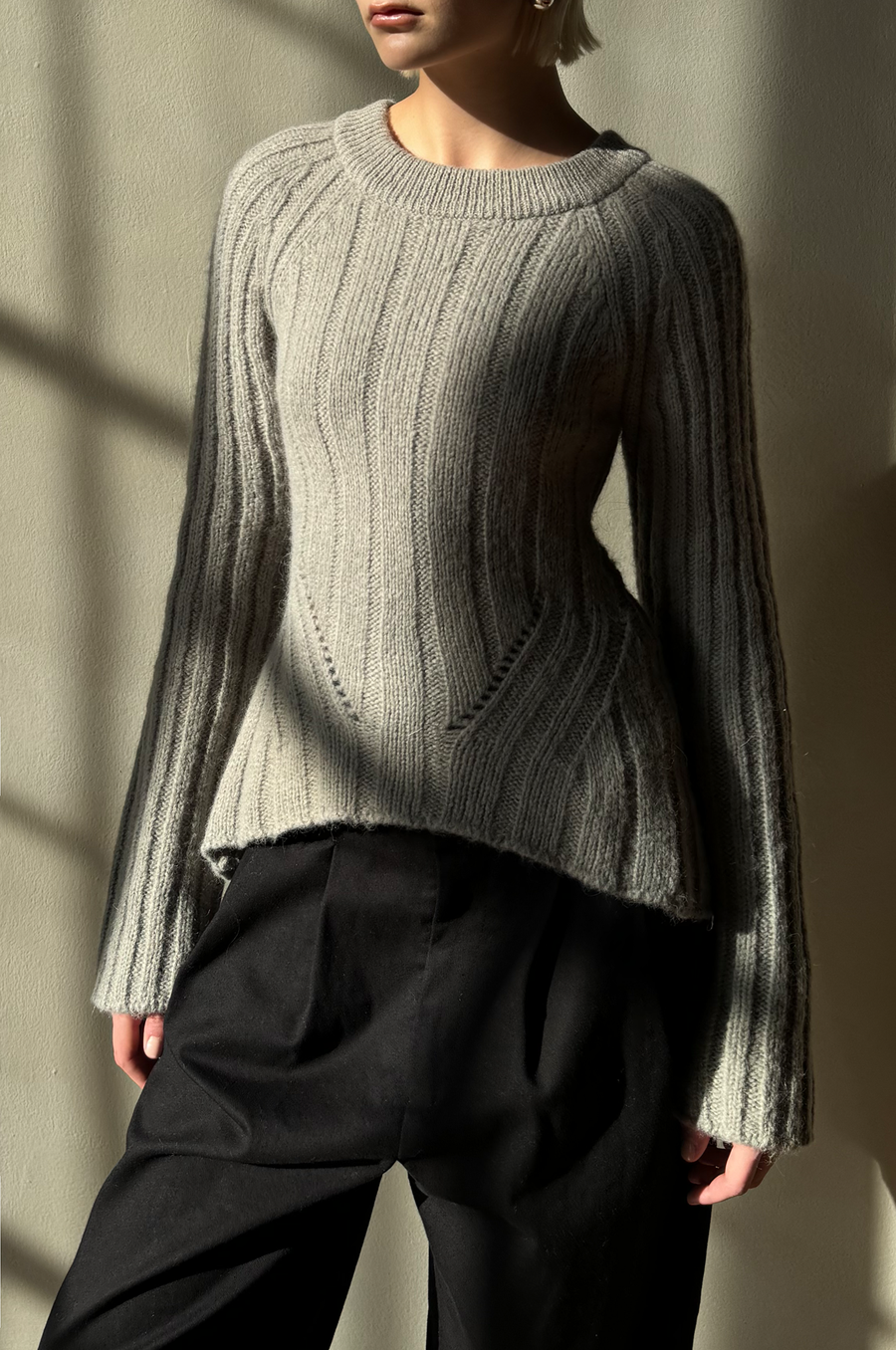 Rib Knit Back Cutout Sweater - Gray