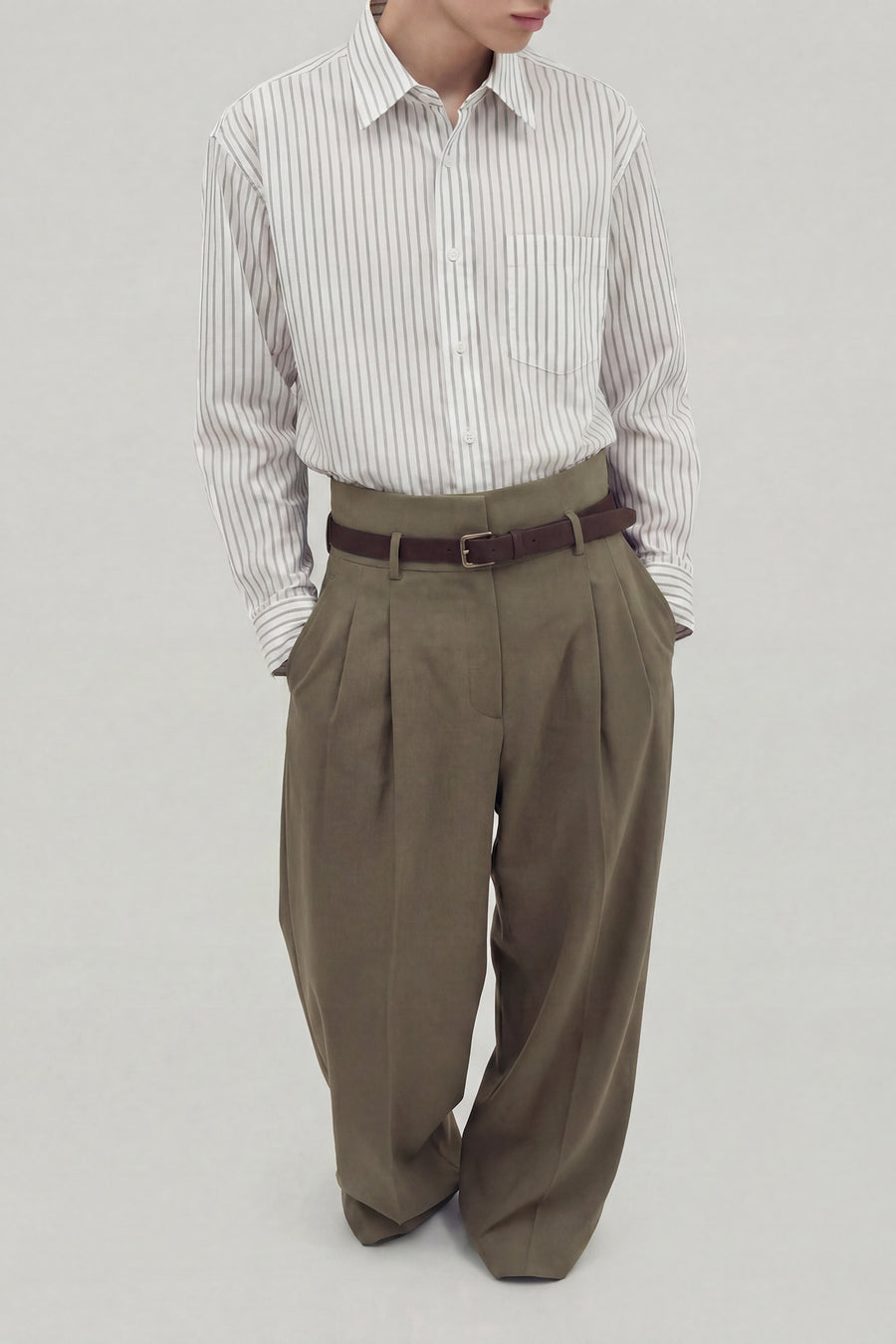 Wide Leg Pleated Trouser - Olive