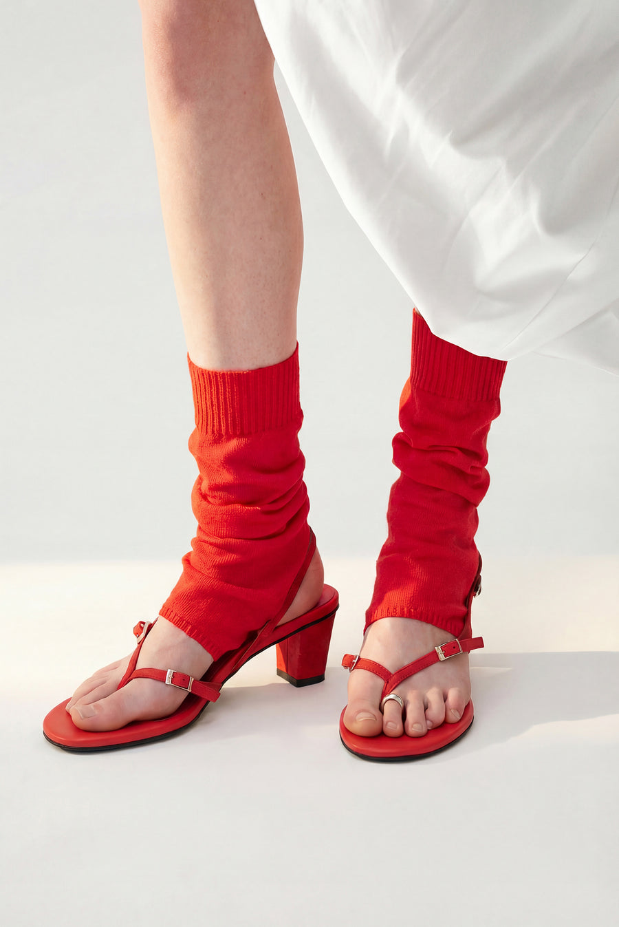 Leather Strap Buckle Sandals - Red