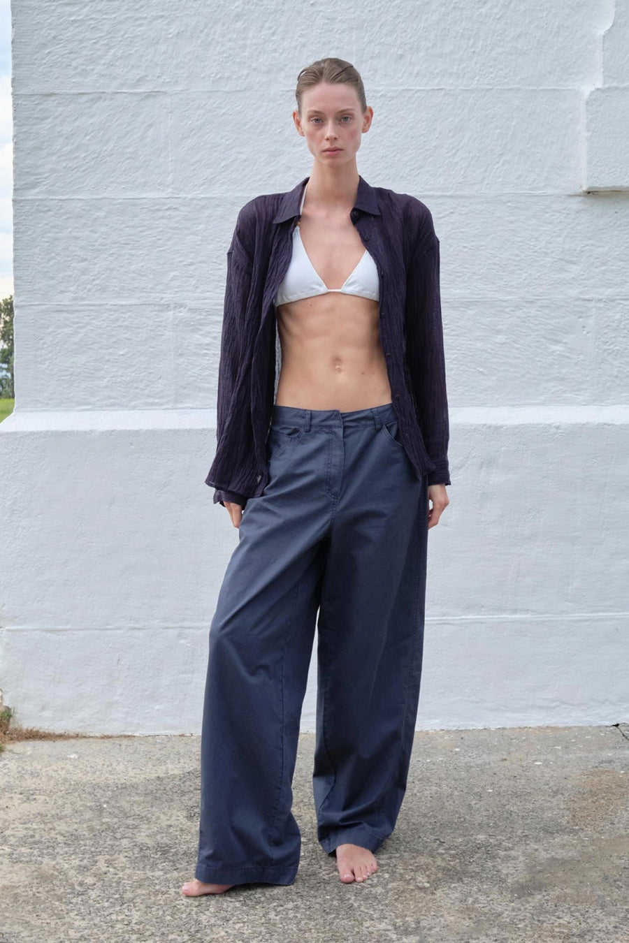 Wide-Leg Low-Waist Pants - Navy