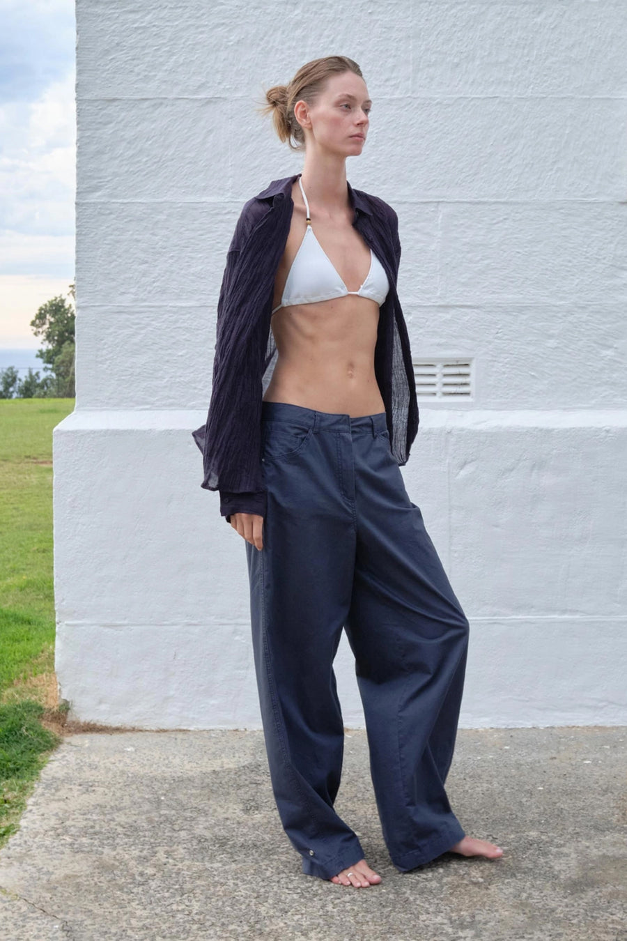 Wide-Leg Low-Waist Pants - Navy