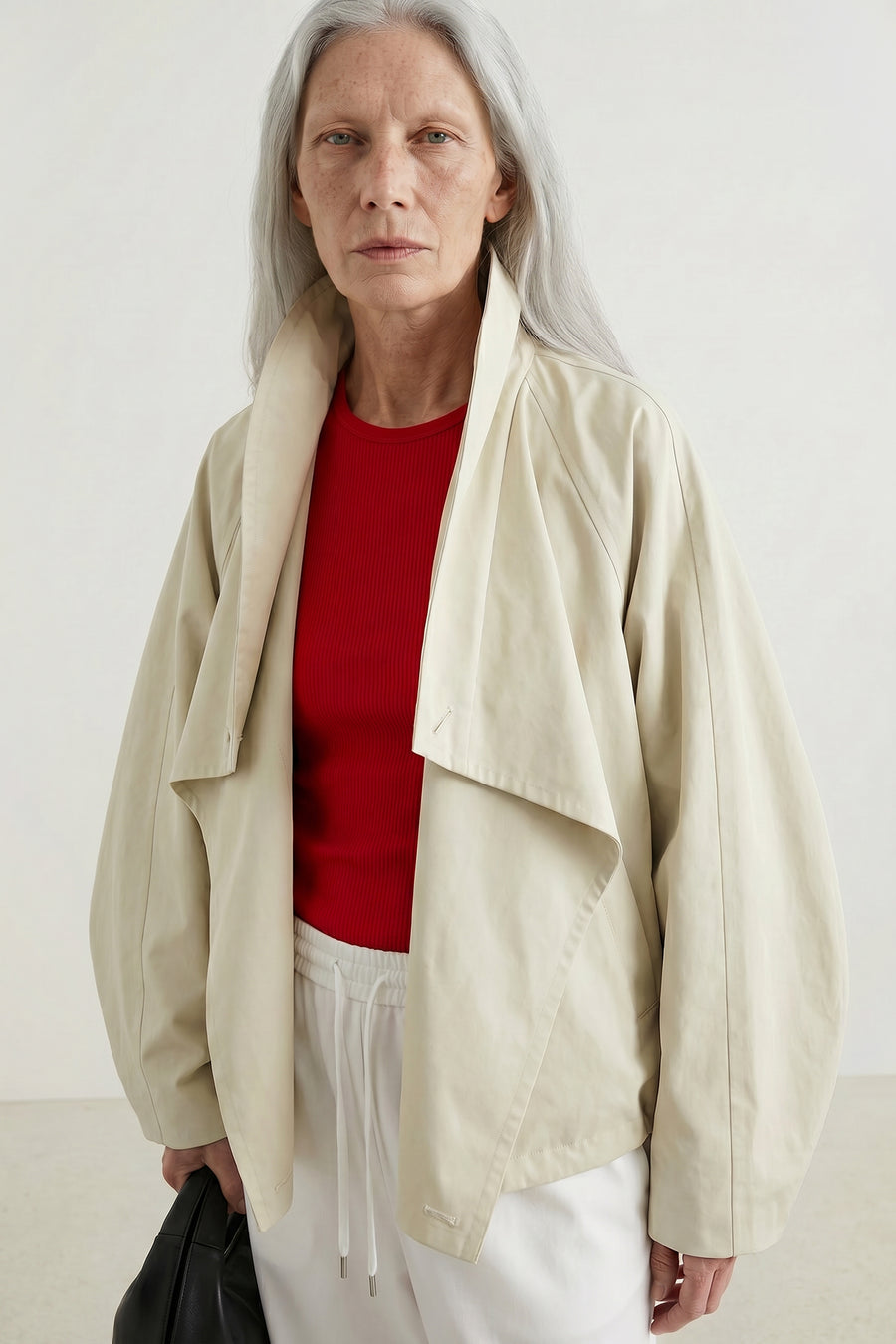 Draped Lapel Balloon Sleeve Cropped Jacket - Beige