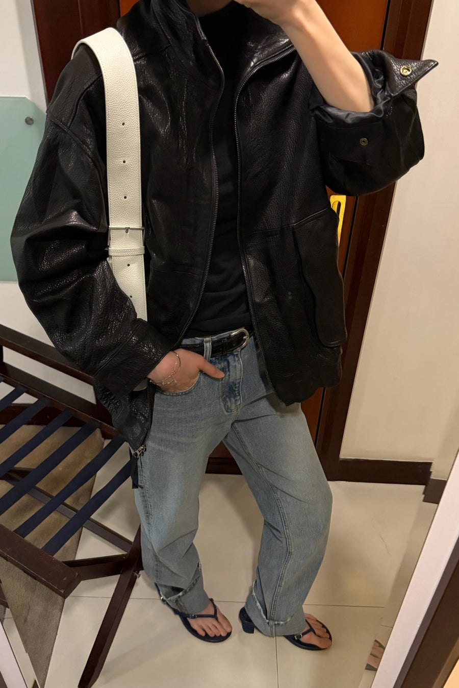 Lambskin Leather Wrinkle Jacket - Black