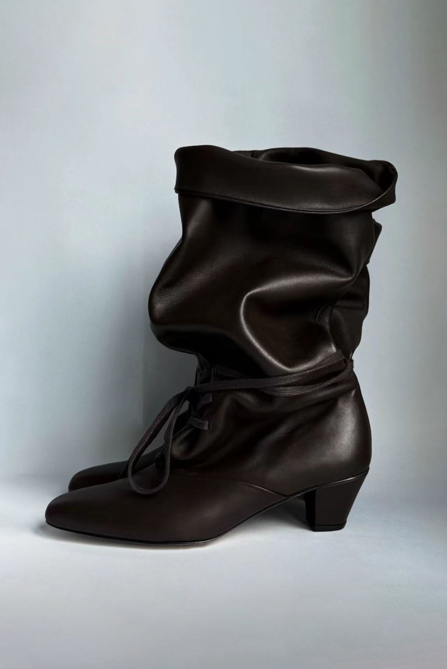 Slouch Leather Lace Up Boots - Brown
