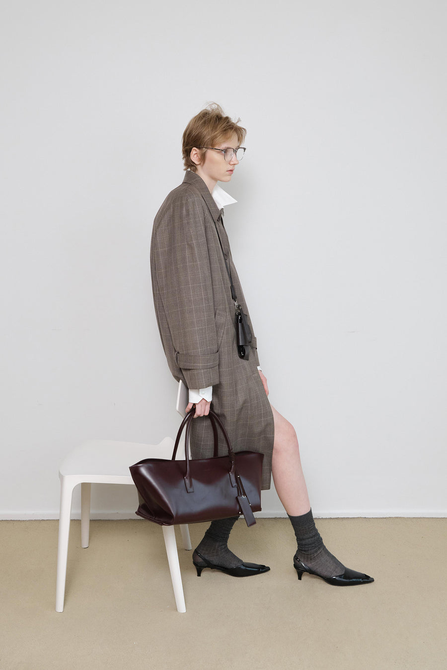 Oversized Plaid Trench Coat - Brown