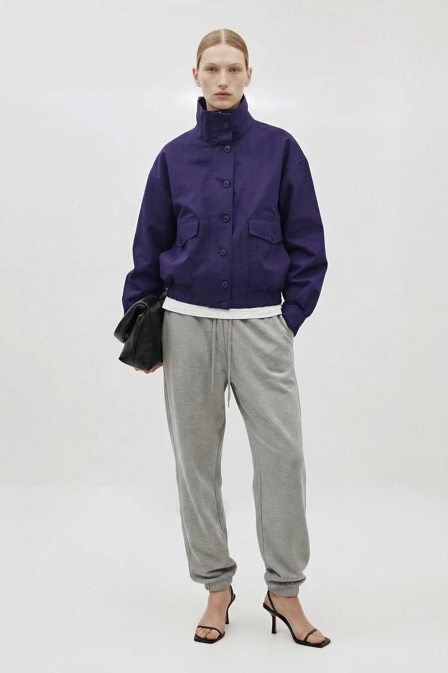 Cropped High-Collar Button-Front Blouson Jacket - Purple