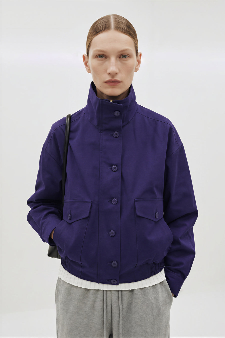 Cropped High-Collar Button-Front Blouson Jacket - Purple