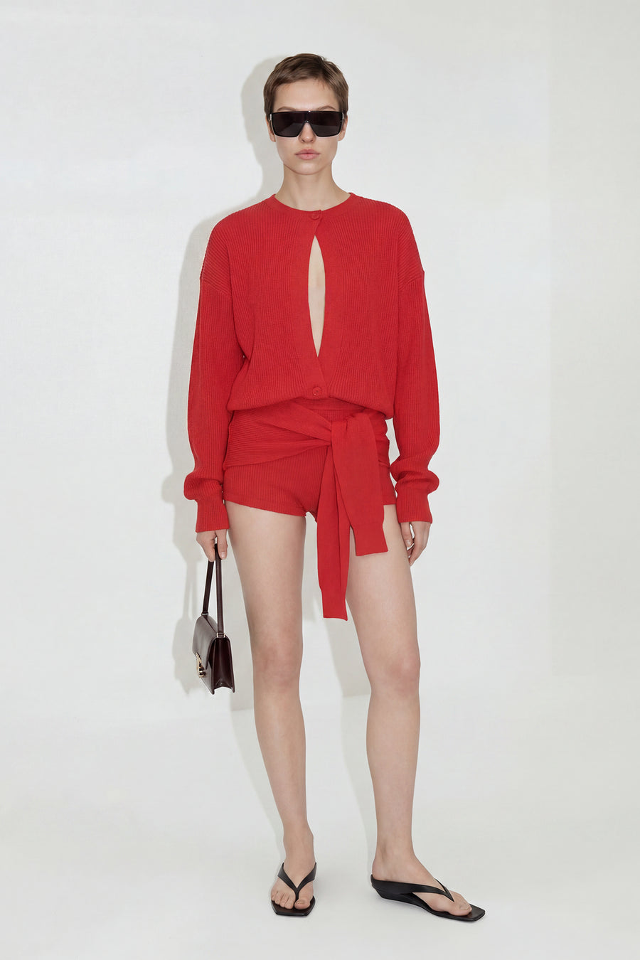 Open Front Keyhole Knit Cardigan - Red
