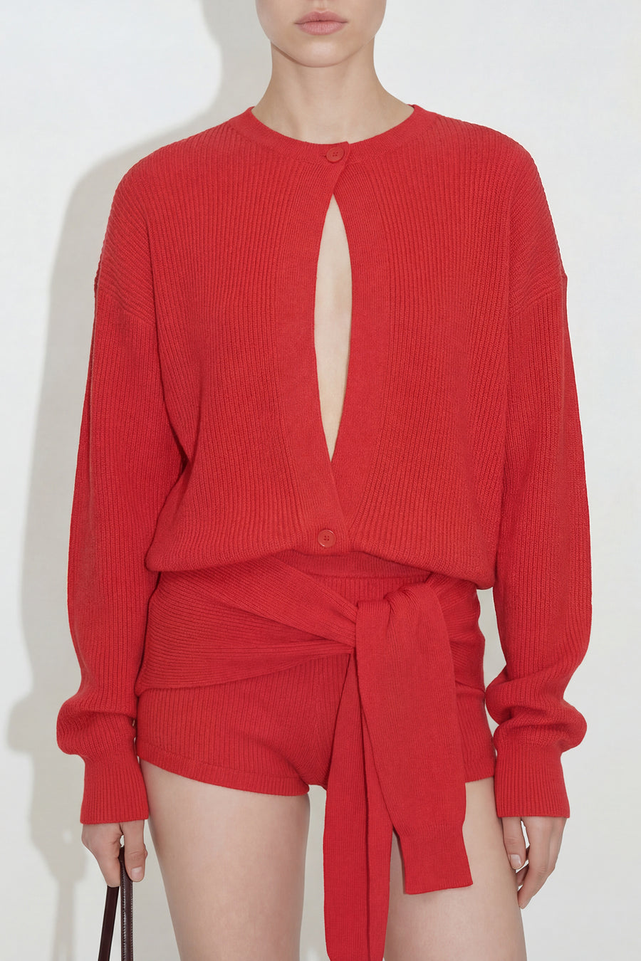 Front Tie Knit Mini Shorts - Red