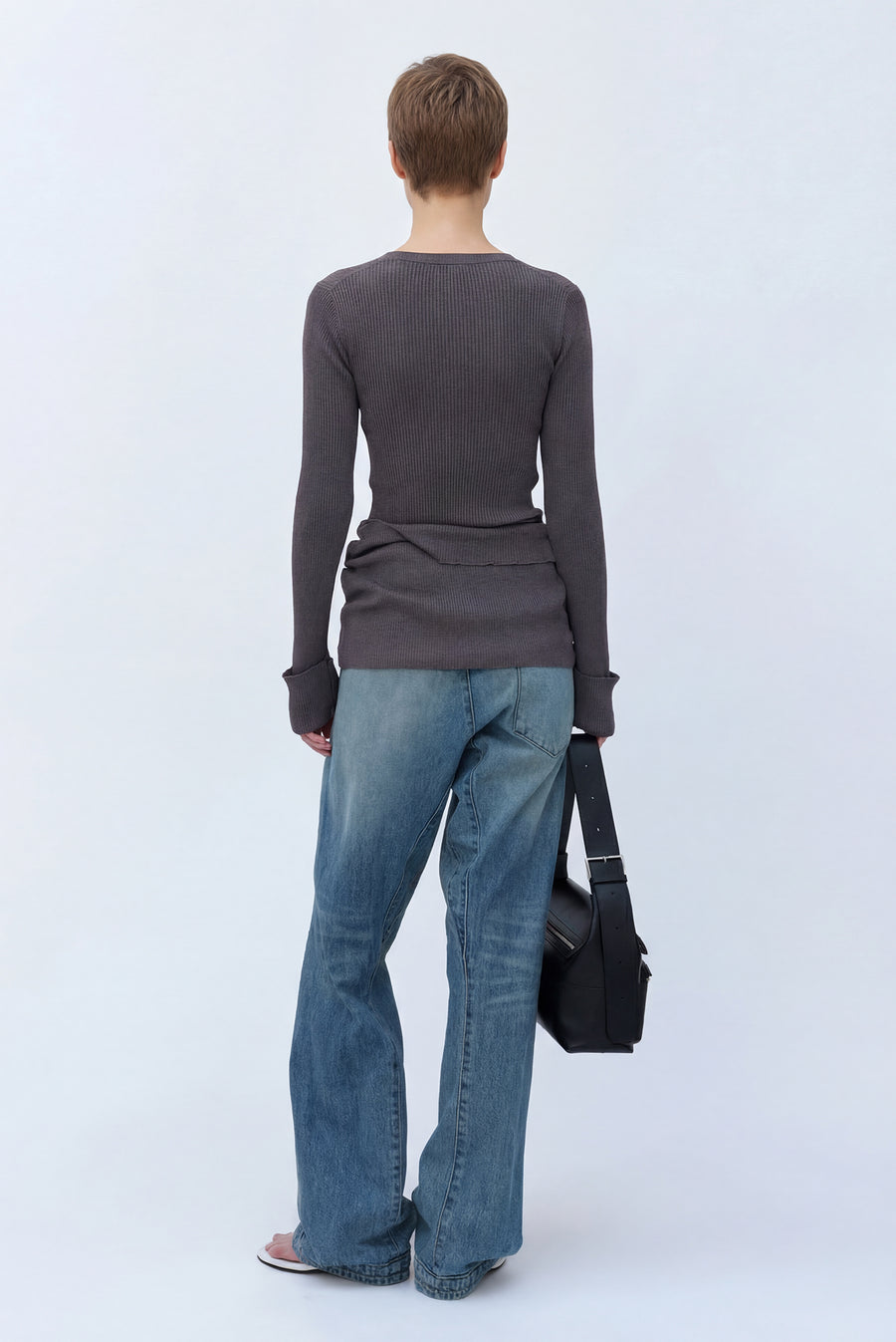 Ribbed Pocket Knit Long Sleeve Top - Gray