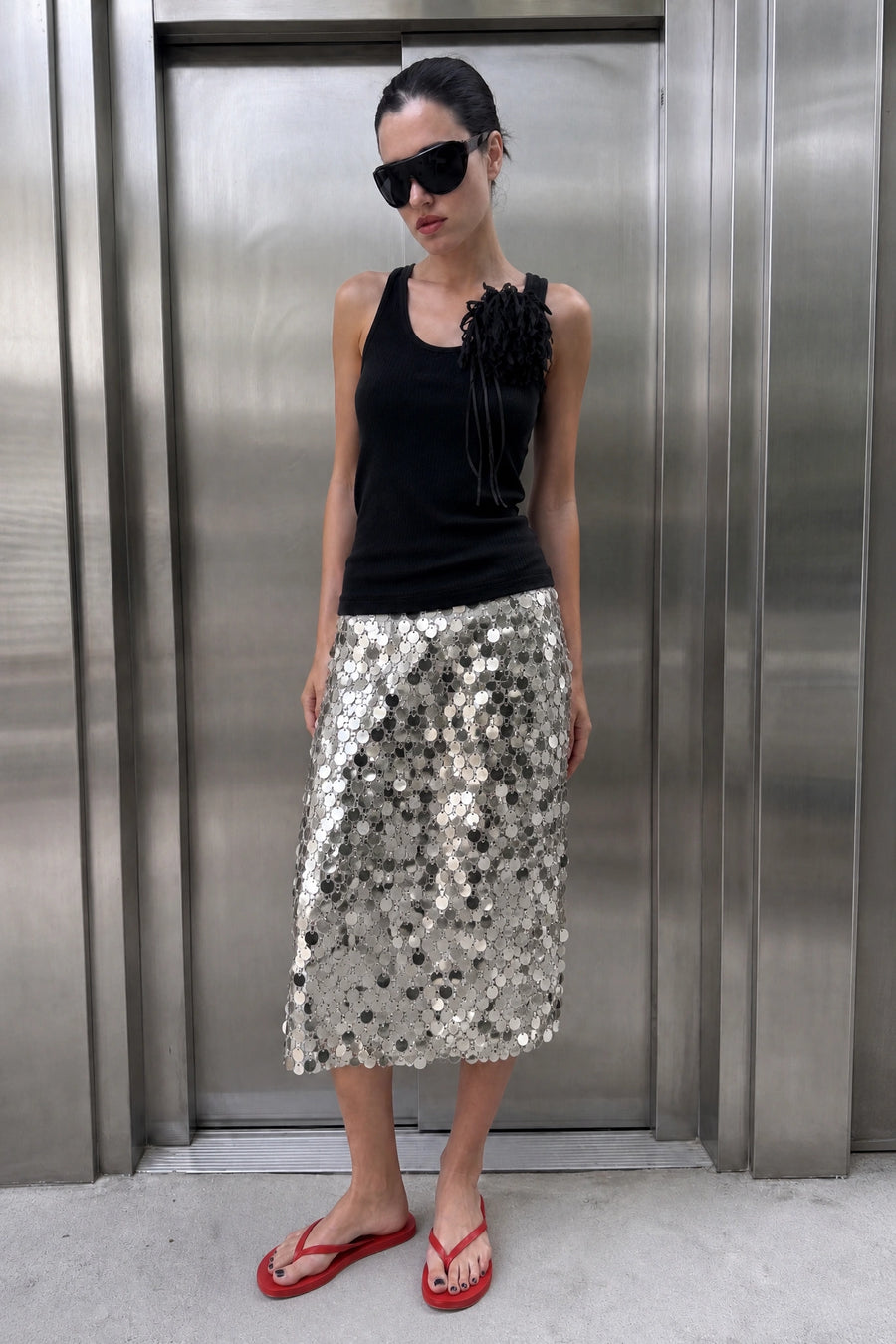 Sequin Midi Skirt – Silver