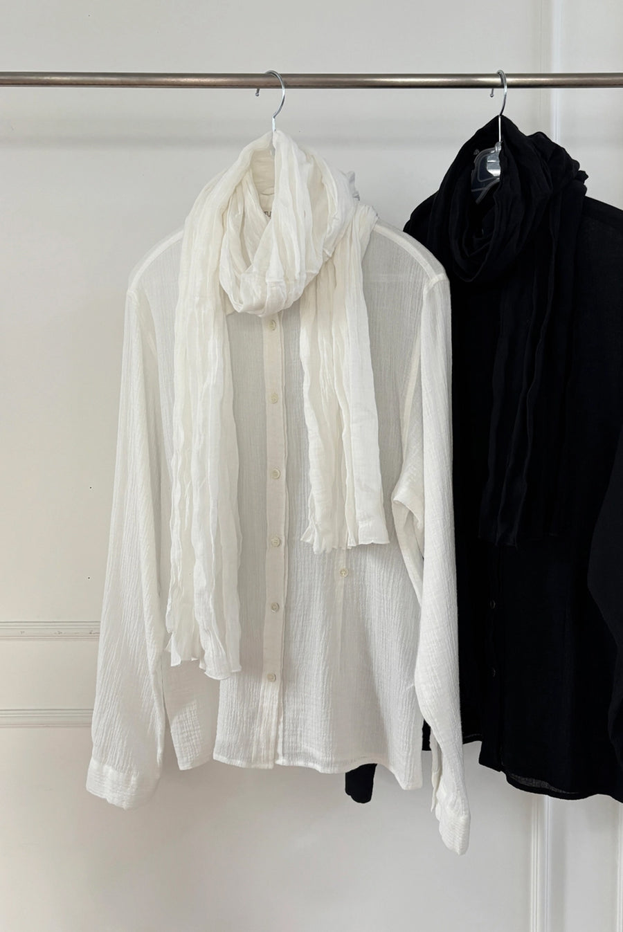 Sheer Scarf Textured Button-Up Shirt - White