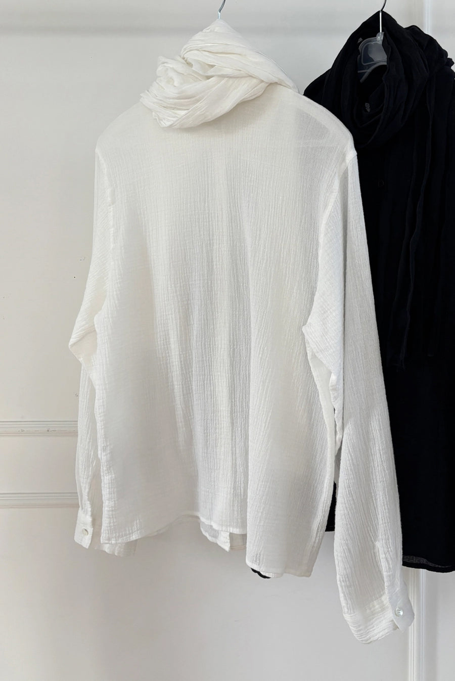 Sheer Scarf Textured Button-Up Shirt - White