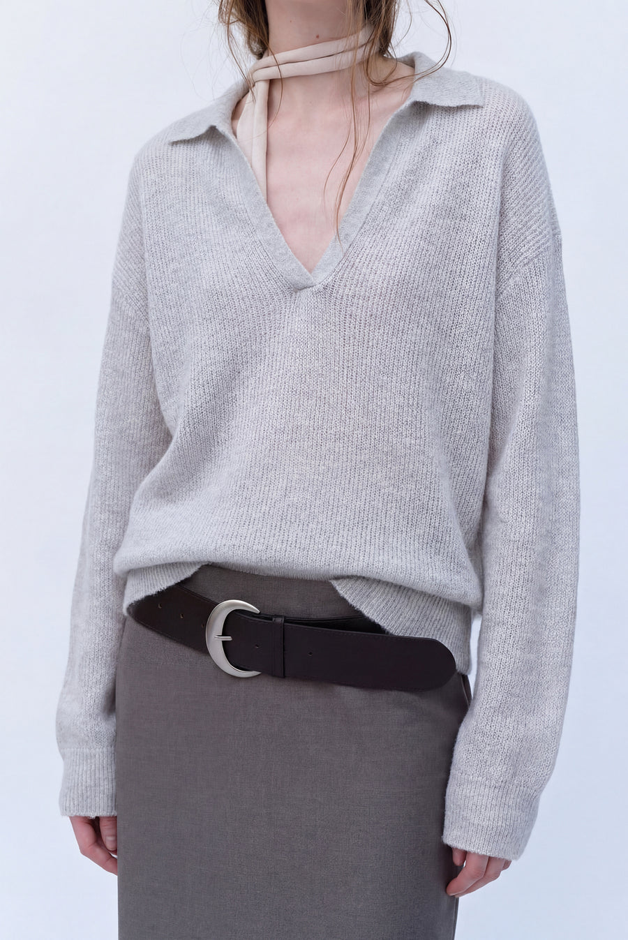 Sheer V-Neck Knit Sweater - Silver