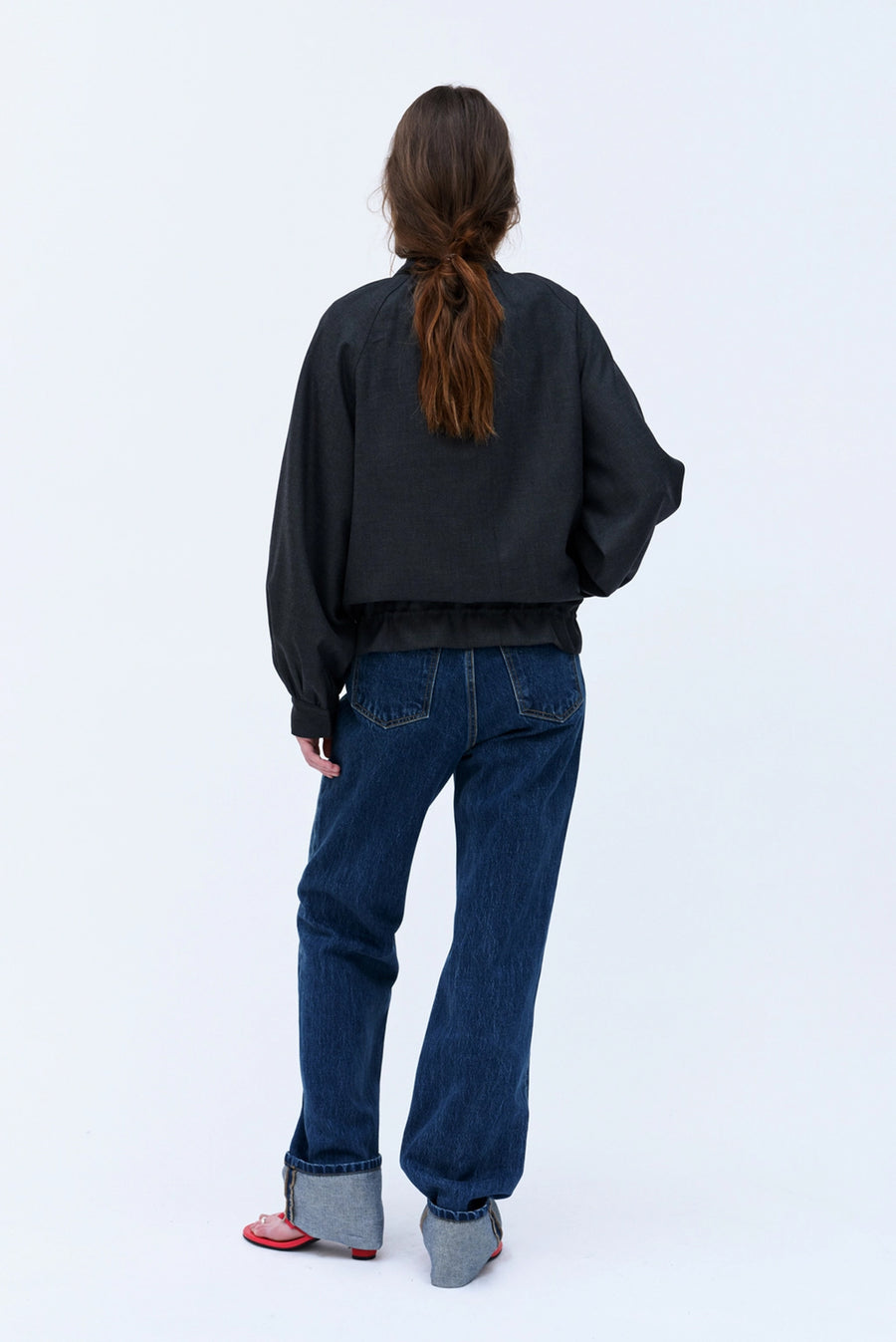 High-Collar Bomber Jacket Gathered Hem - Black