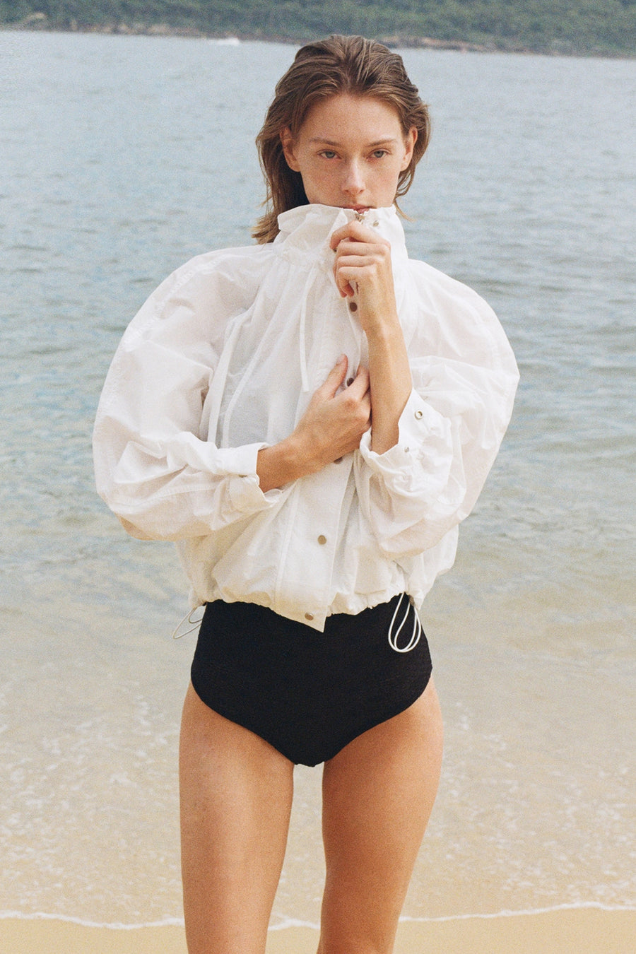 Sheer Wire-Neck Nylon Jacket - Ivory