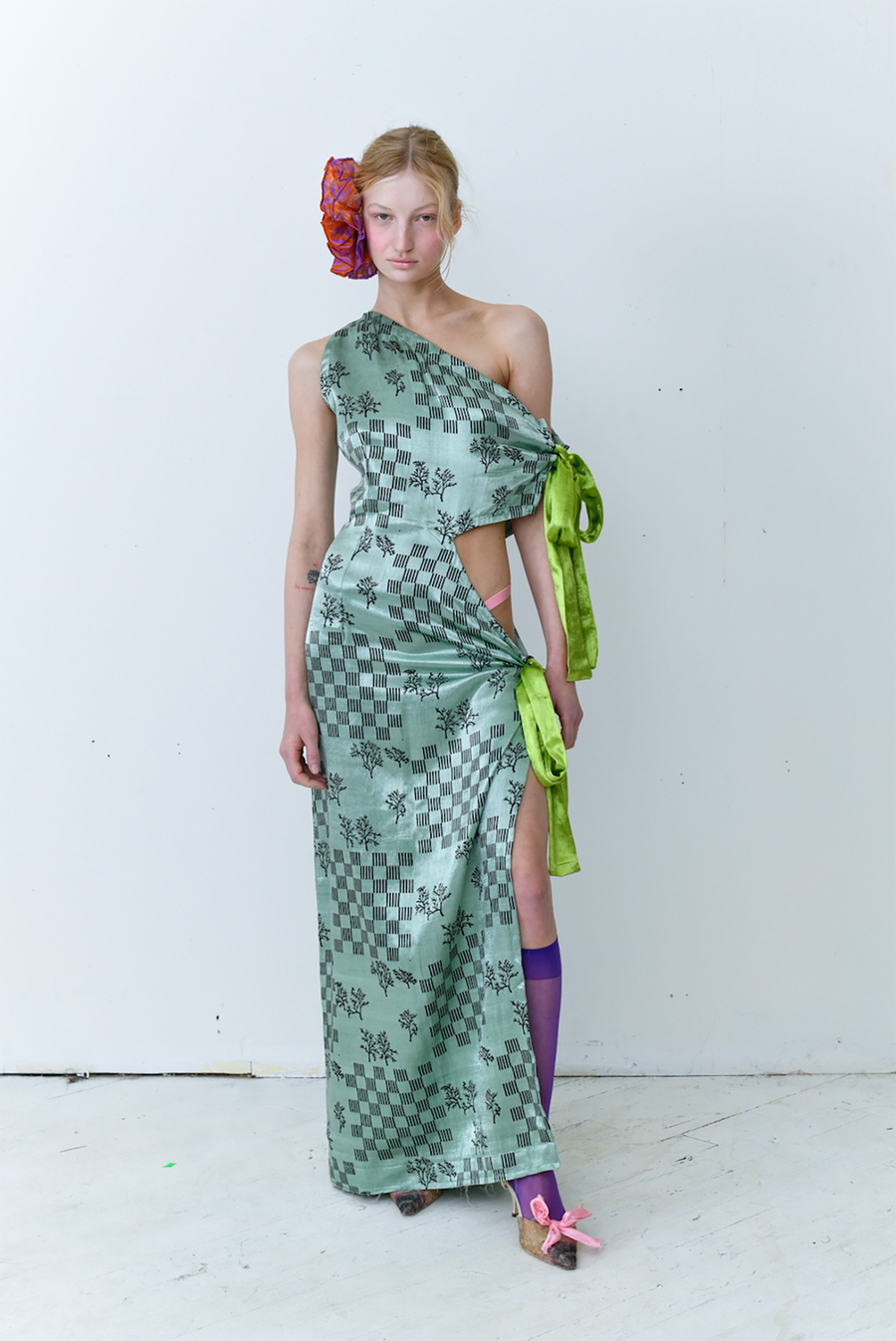 Tigra Tigra - 2-Knot Hand Print 'Checker + Plant' Dress, Mint/Black/Acid Green