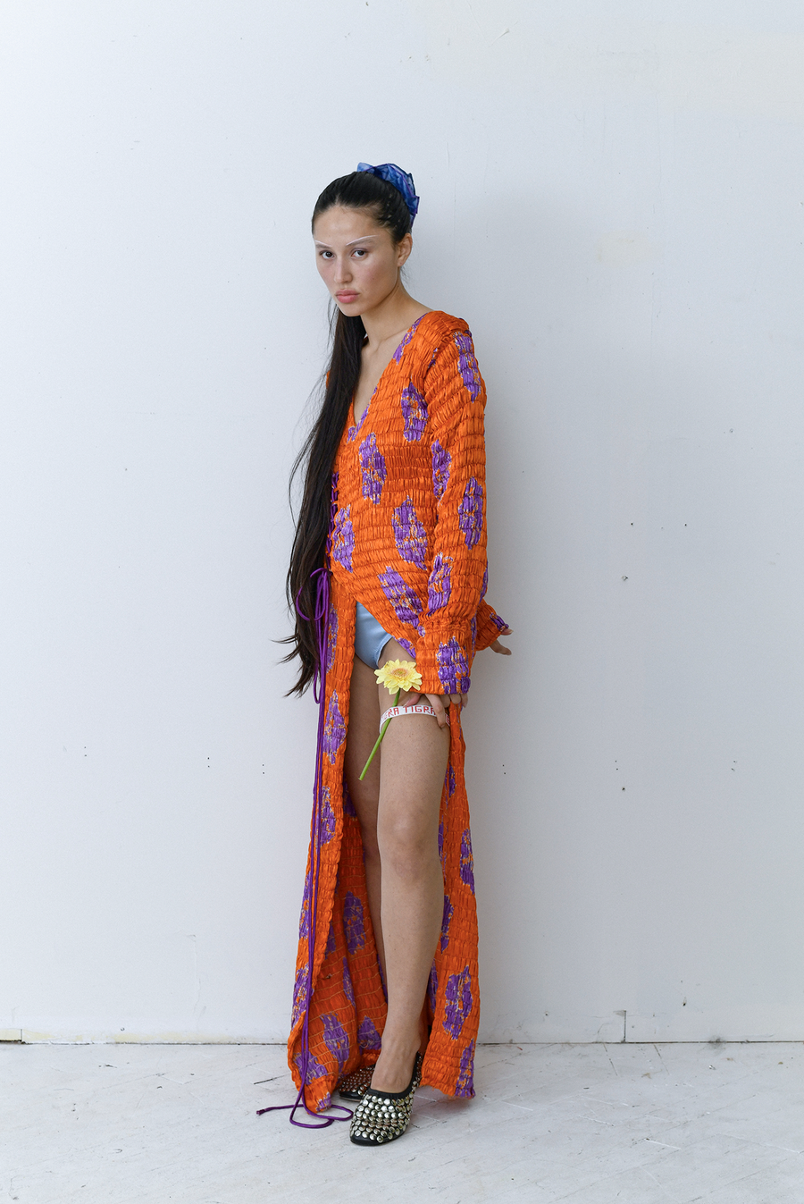 Tigra Tigra - Gathered Bandhej Tie Long Sleeve Dress - Orange/Purple