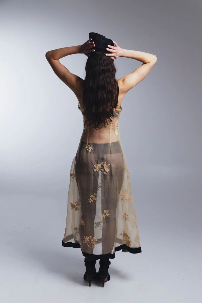 Tigra Tigra - Sheer Silk Chanderi Nighttime Dress with Hand-Embroidery