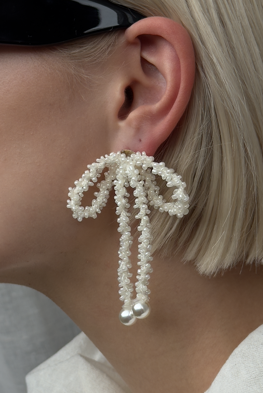 Beaded Bow & Pearl Earrings - White