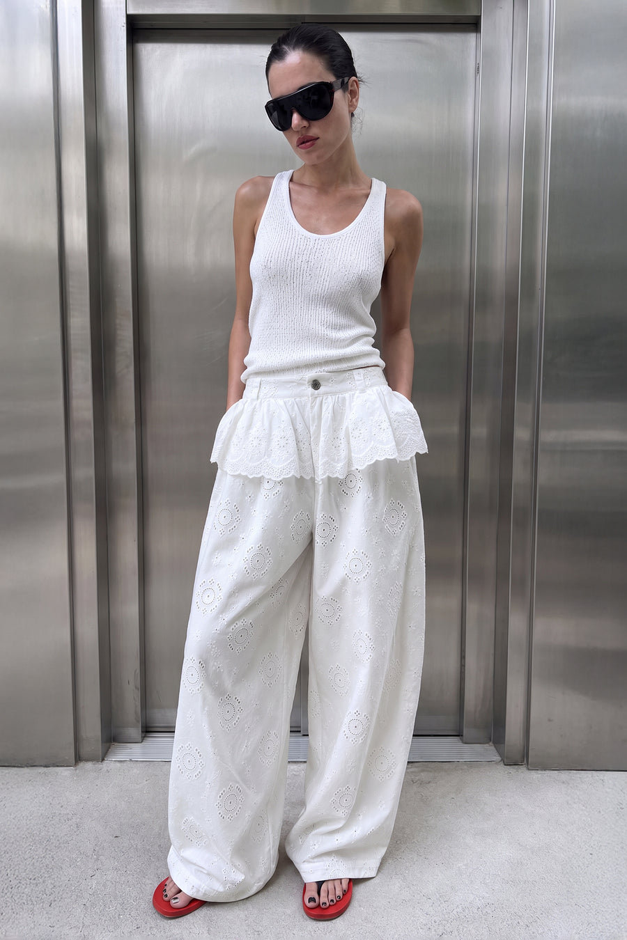 Eyelet Peplum-Waist Wide-Leg Denim