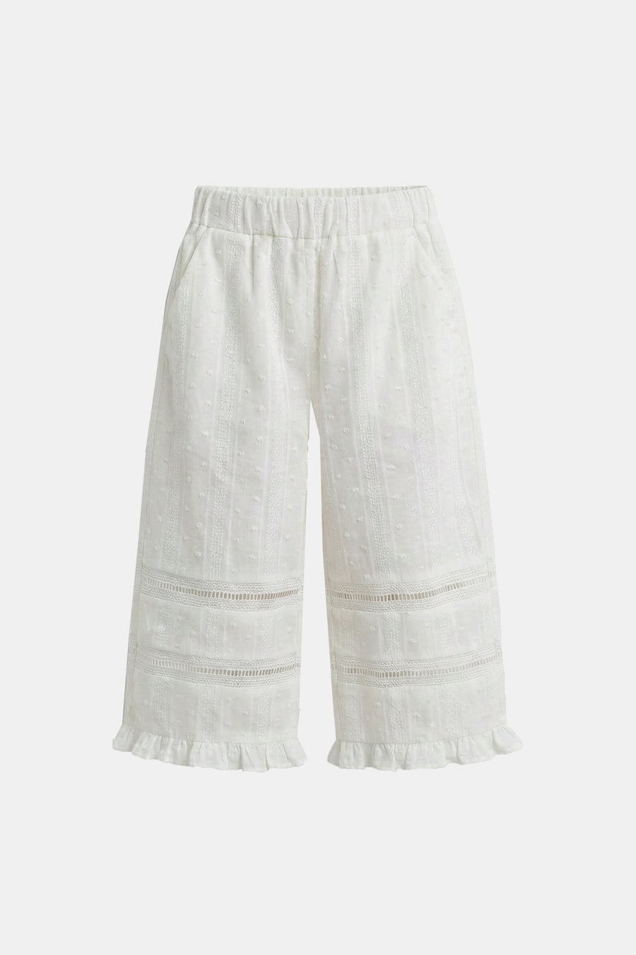 Kids - Cotton Lace Ruffle Trim Trousers - White