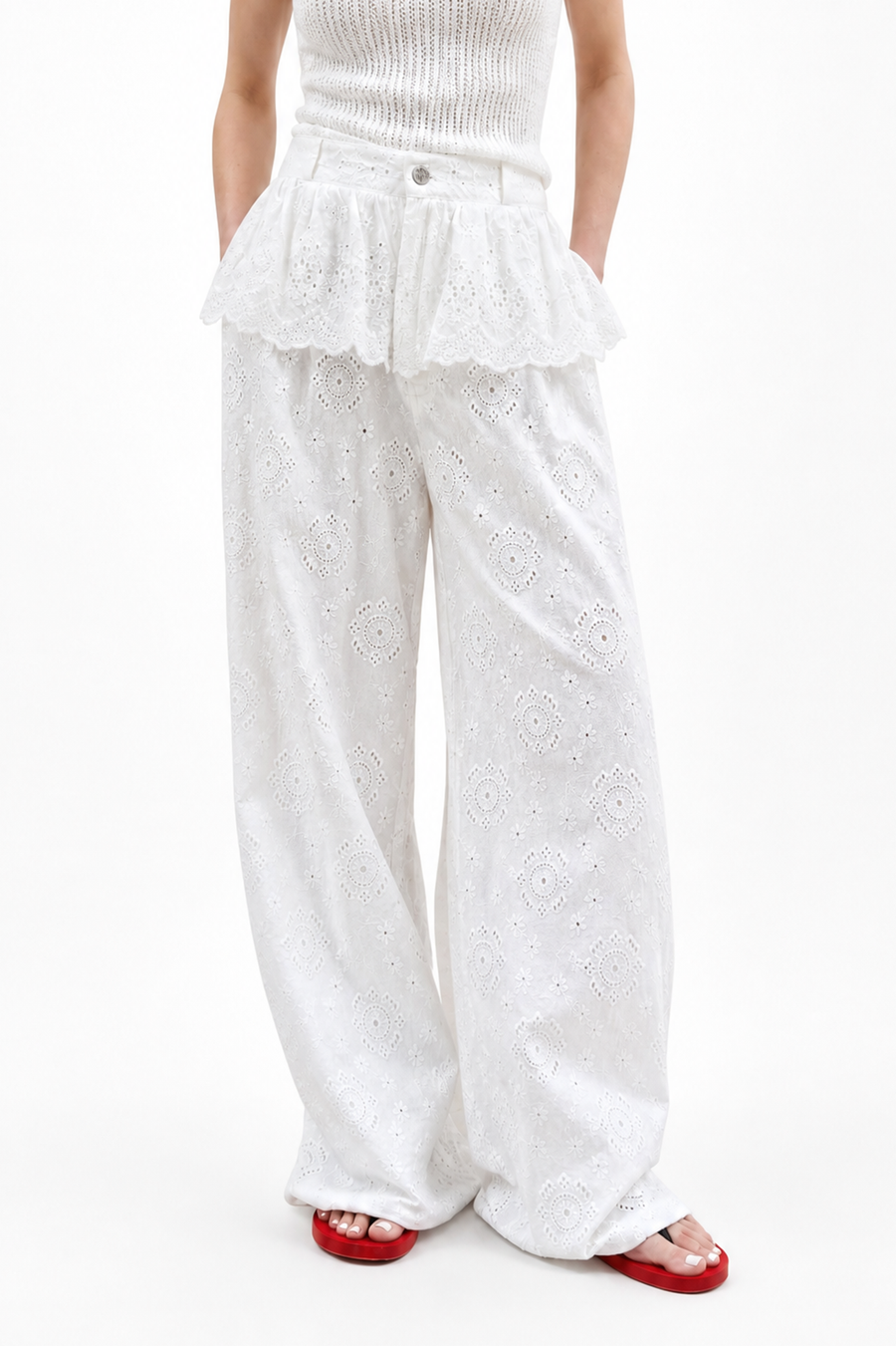 Eyelet Peplum-Waist Wide-Leg Denim