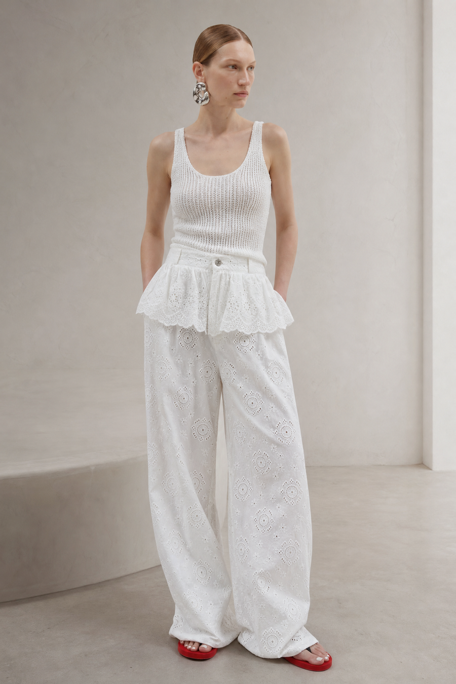 Eyelet Peplum-Waist Wide-Leg Denim