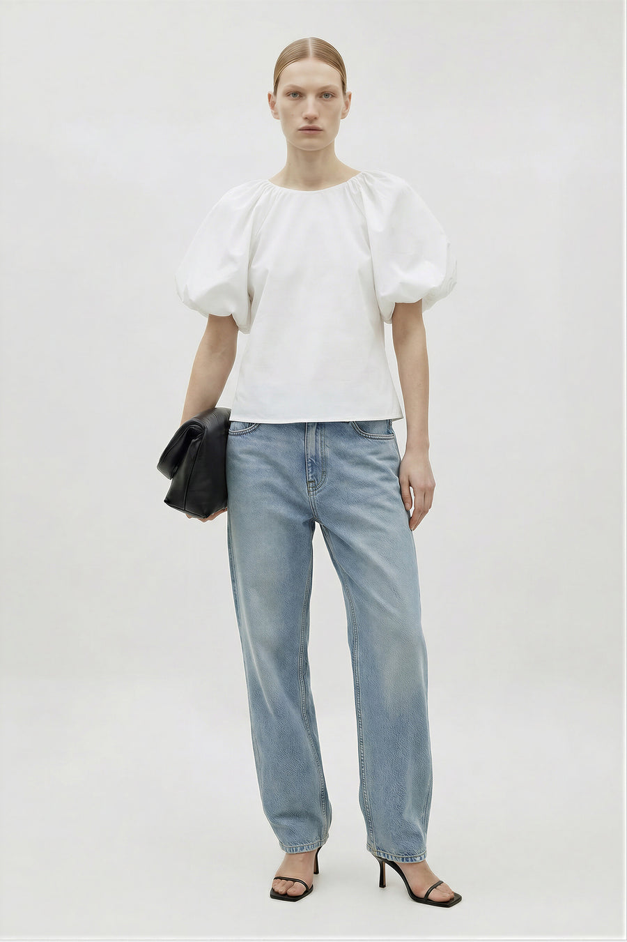 Square Neck Puff Sleeve Cotton Blouse - White