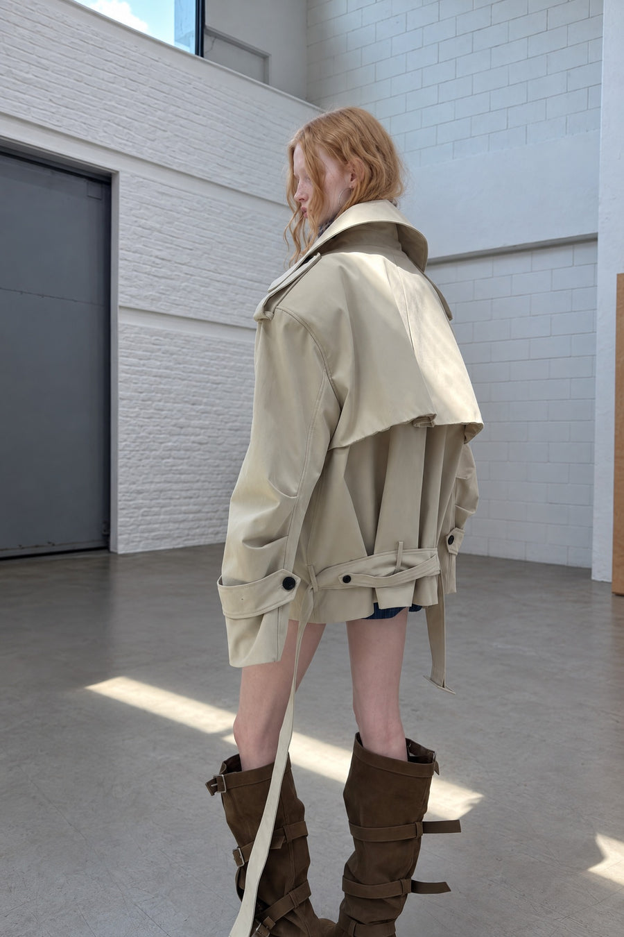 Oversized Double-Breasted Short Trench Jacket with Wide Collar