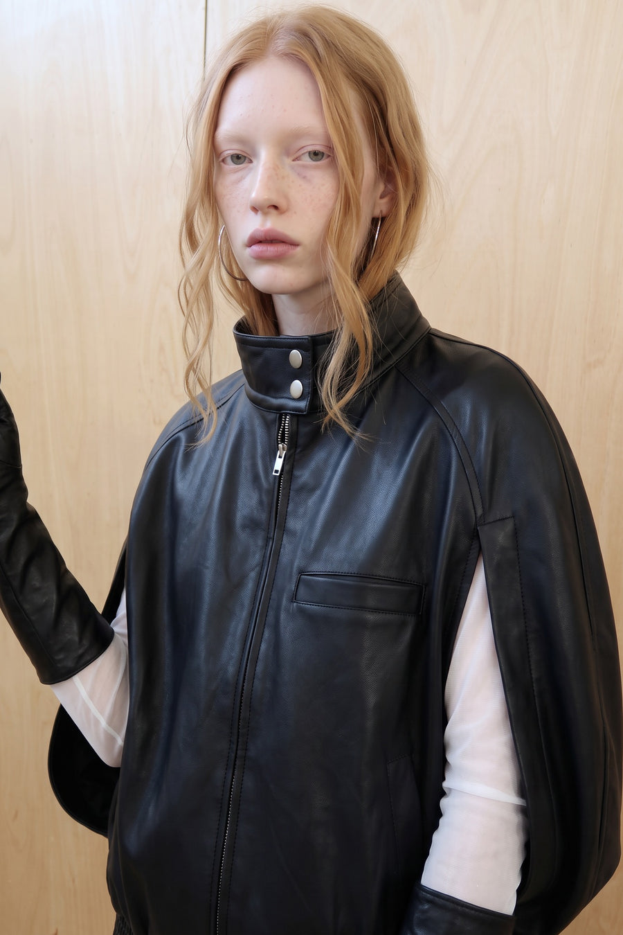 Faux Leather Batwing Sleeve Snap Collar Jacket