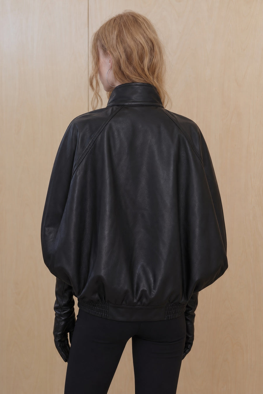 Faux Leather Batwing Sleeve Snap Collar Jacket