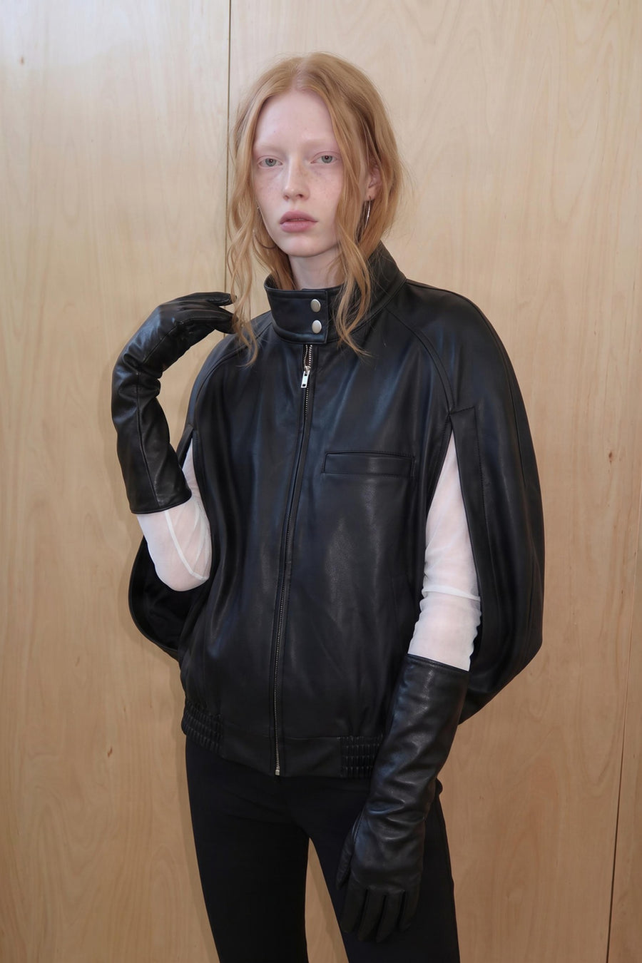 Faux Leather Batwing Sleeve Snap Collar Jacket