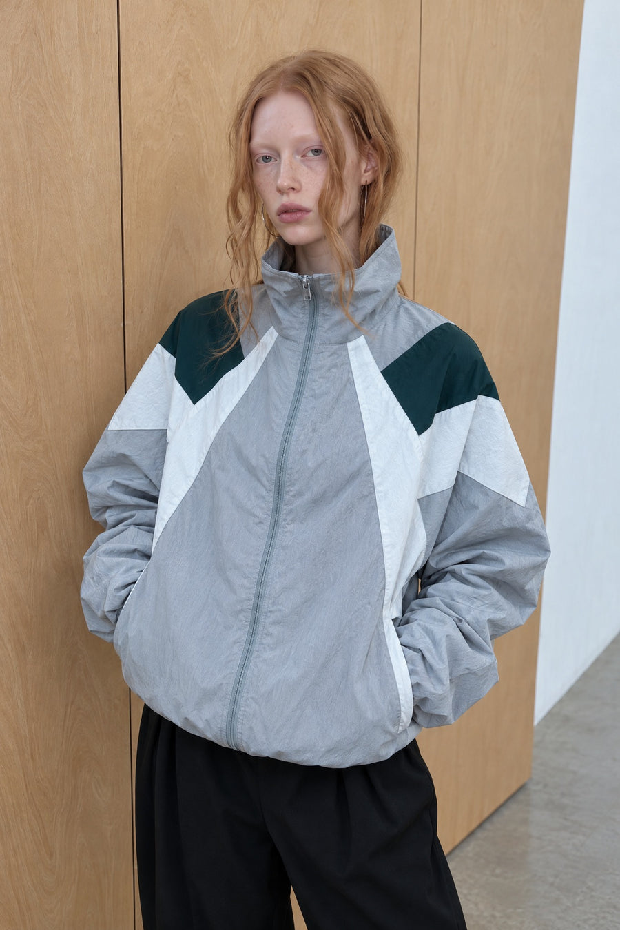Oversized Color Block Track Jacket - Light Gray