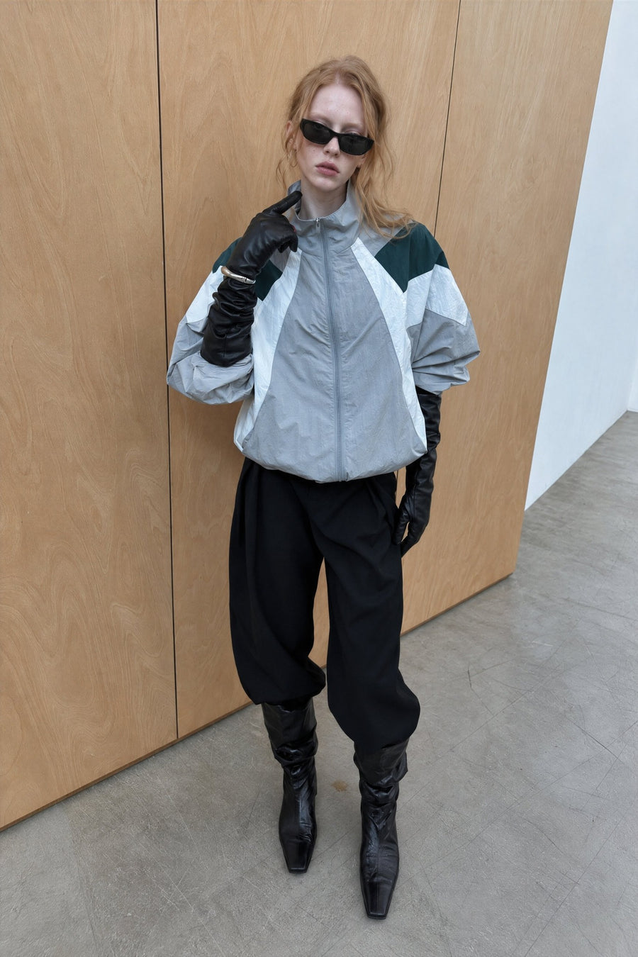 Oversized Color Block Track Jacket - Light Gray
