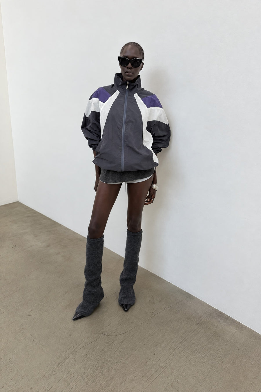 Oversized Color Block Track Jacket - Charcoal