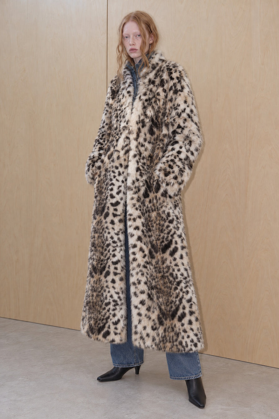 Long Leopard Print Faux Fur Coat