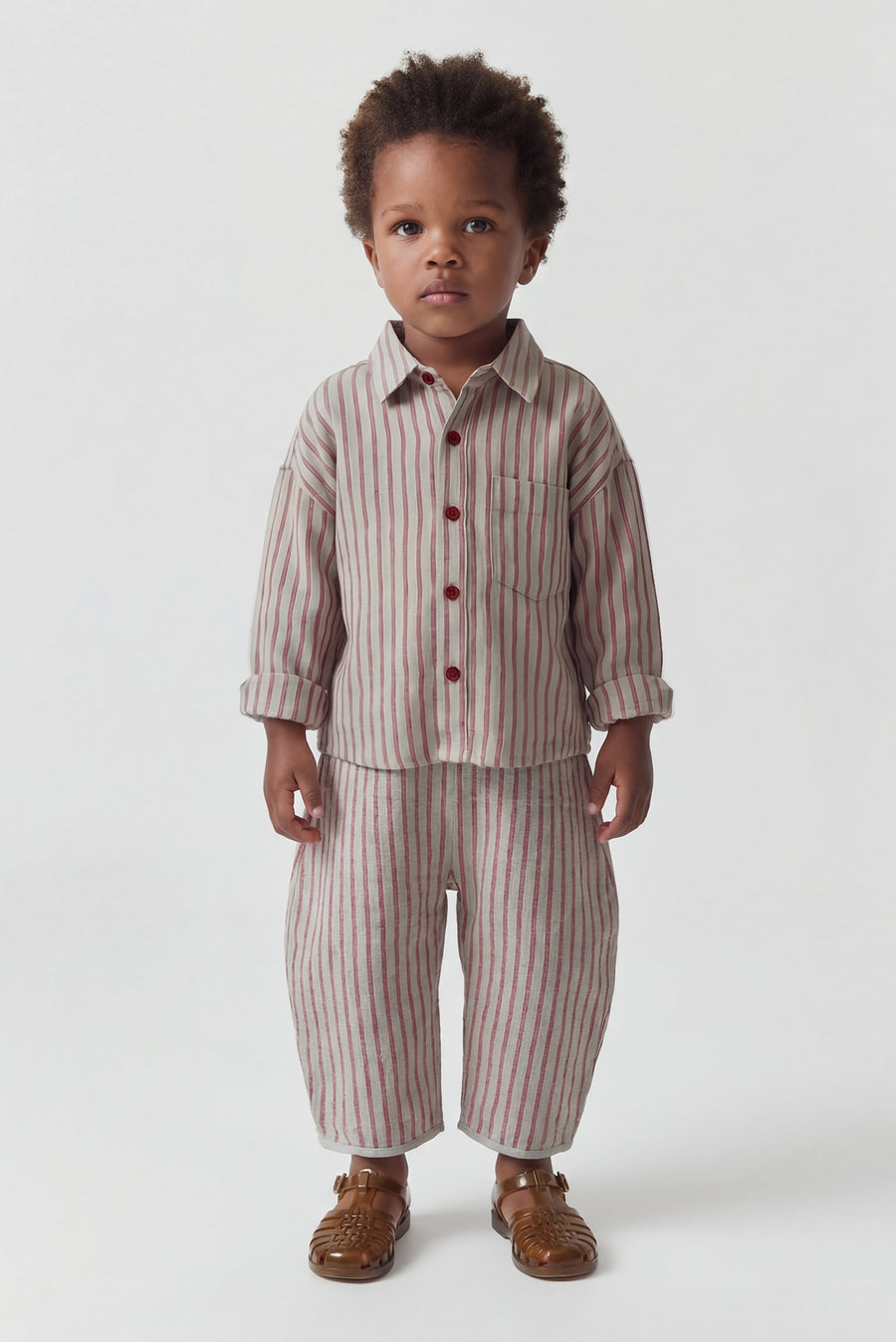 Kids - Striped Linen Barrel Leg Pant - Gray/Red