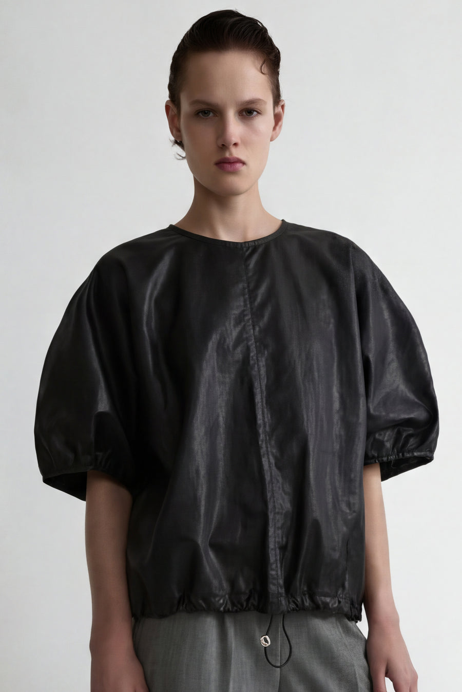 Technical Balloon Sleeve Top With Drawstring