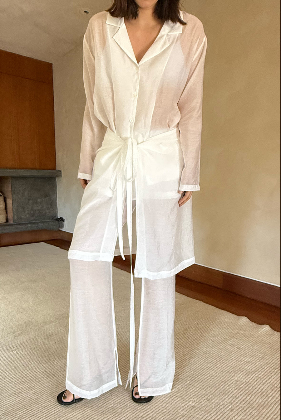 Sheer Flare Slit Overlay Trouser - White