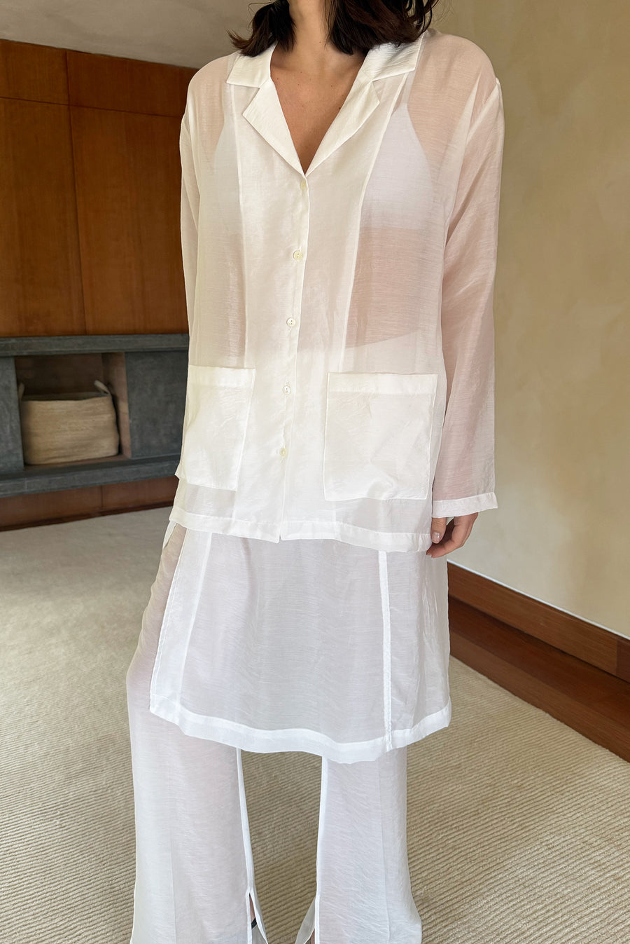 Oversized Sheer Collared Shirt With Pockets - White