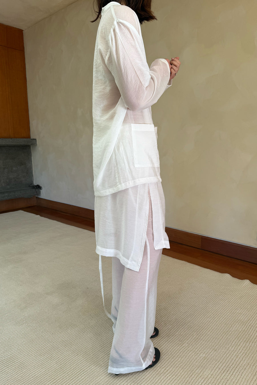 Sheer Flare Slit Overlay Trouser - White