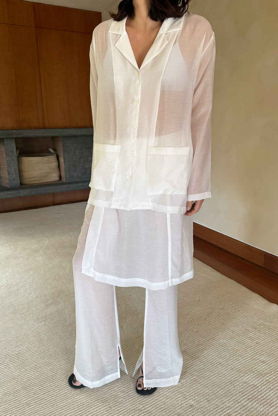 Sheer Flare Slit Overlay Trouser - White