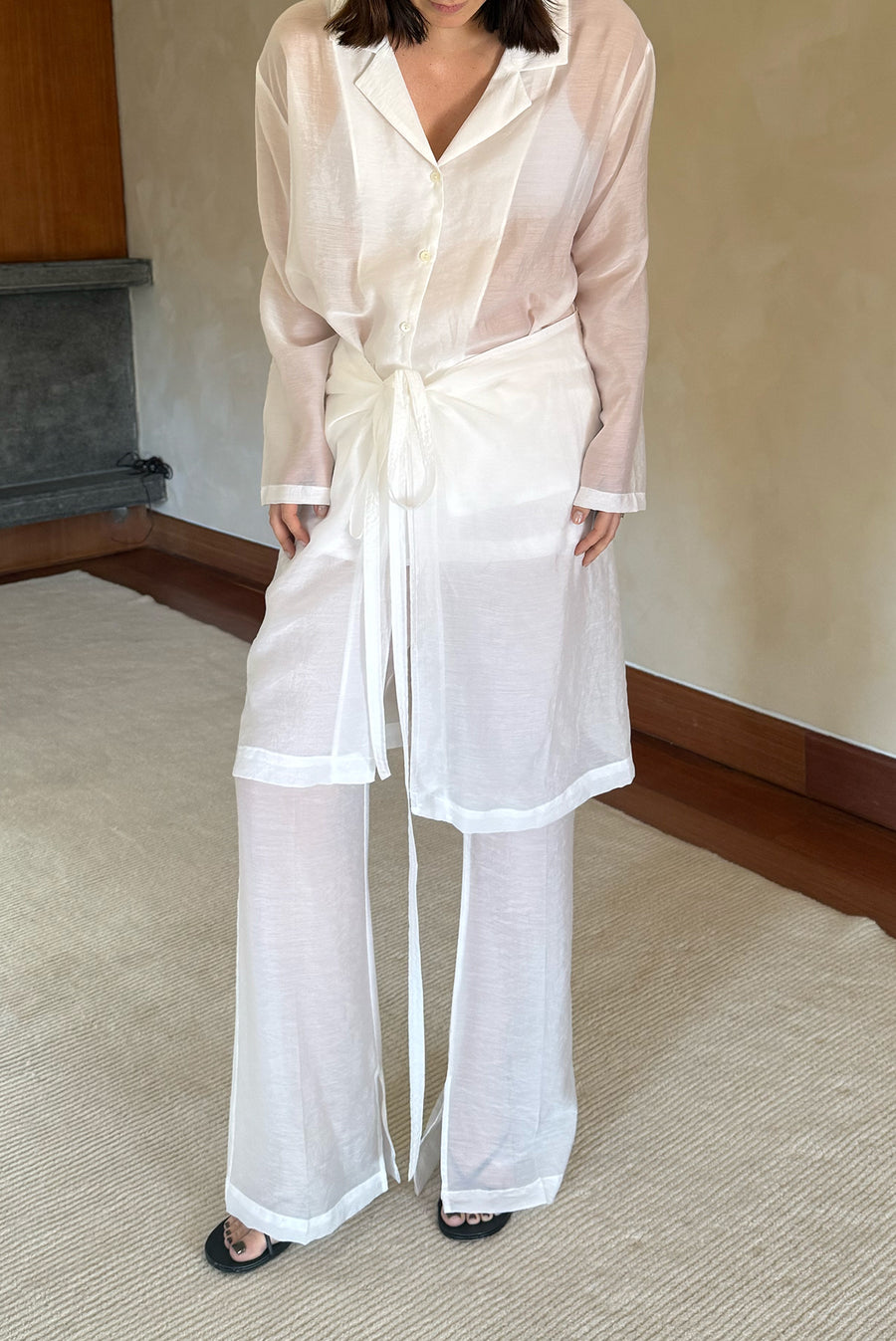 Sheer Flare Slit Overlay Trouser - White