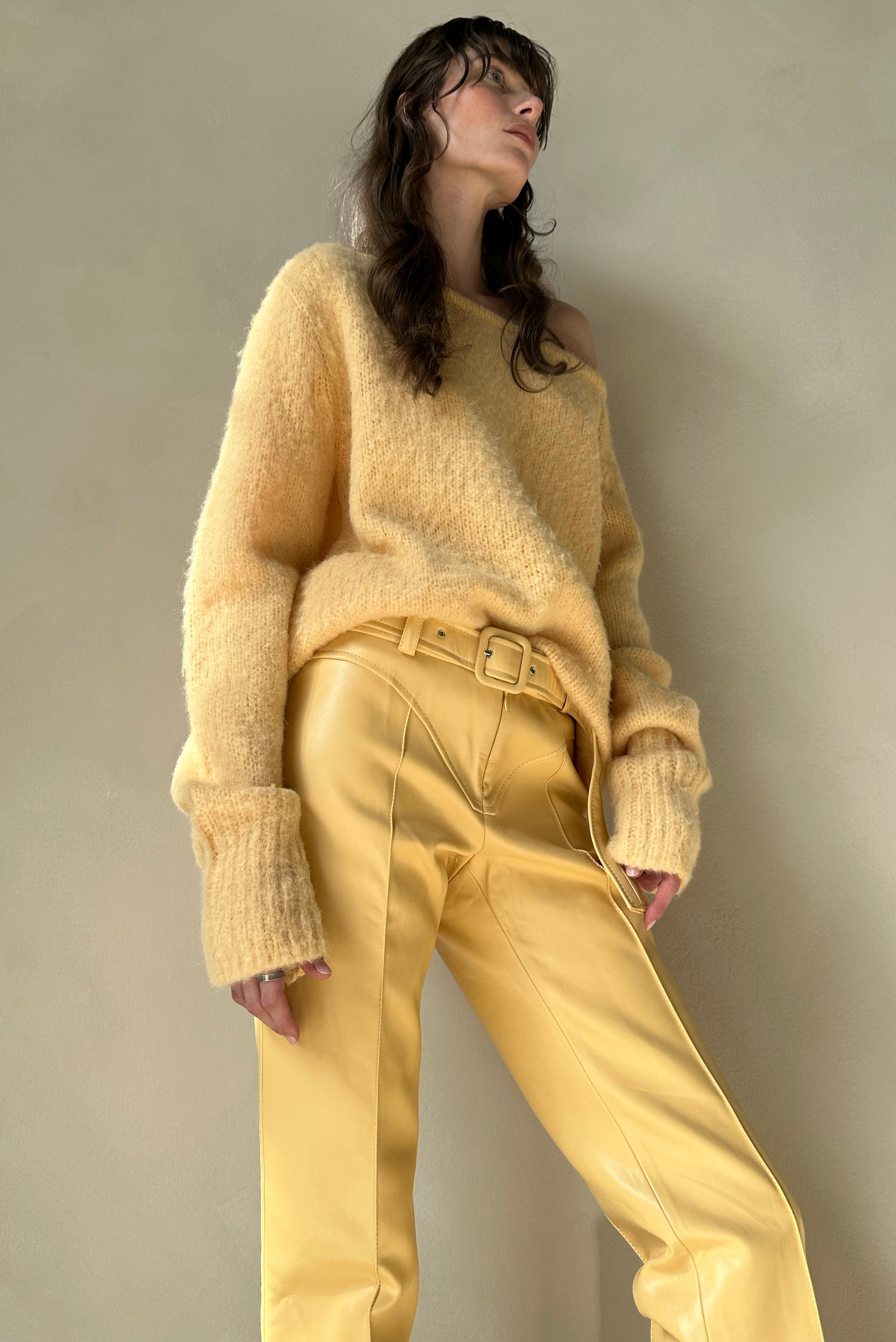 Fuzzy Off The Shoulder Sweater Yellow Simonett